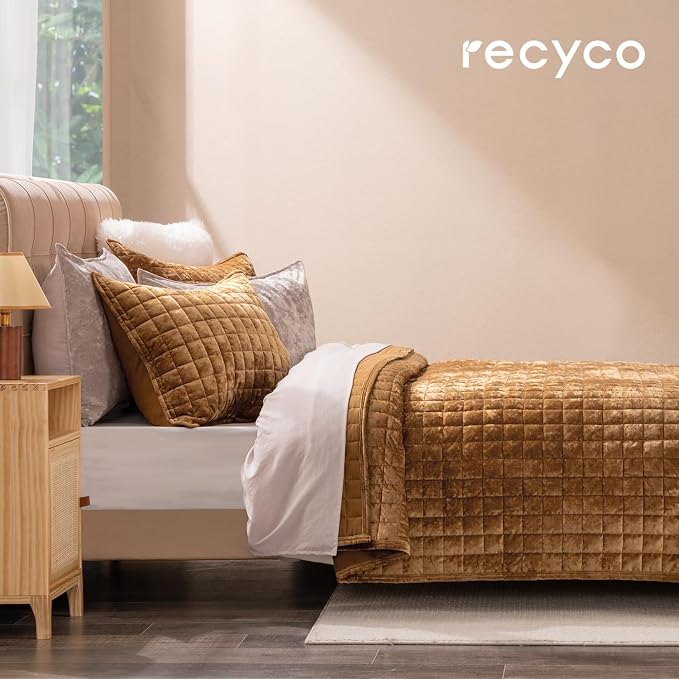 RECYCO Channel Box Stitch Velvet Quilt Set, Full Queen Size, Caramel Gold | - Image 2