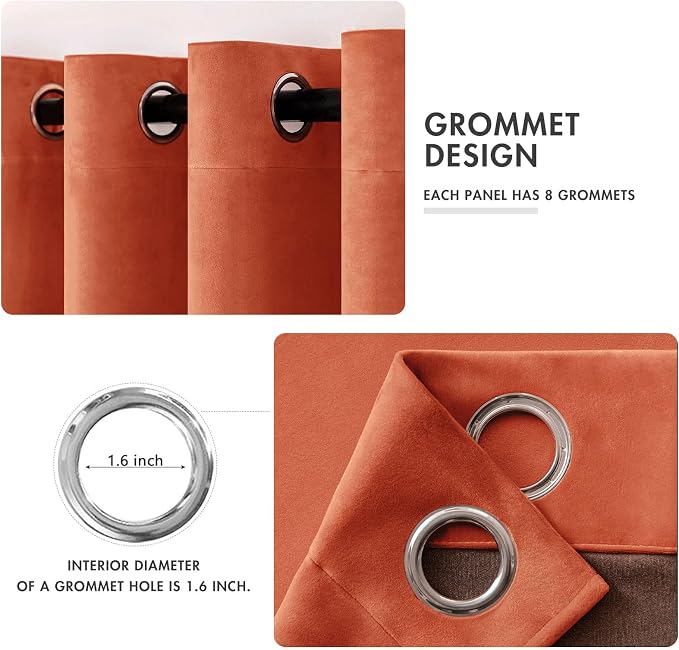 MIULEE Fall Burnt Orange Velvet Curtains 52 x 90 Inch Length Set of 2 | Grommet - Image 2