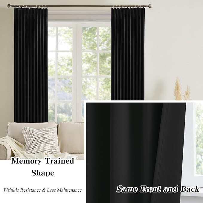 60 Inch Wide Black Pinch Pleated Curtains 60 x 105, Thermal Insulated Noise - Image 6