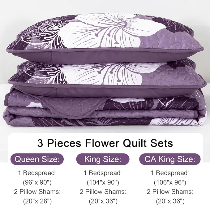 DJY Quilt King Size, Dark Purple Floral Boho Bedspread Coverlet Set 3 Pcs | - Image 6