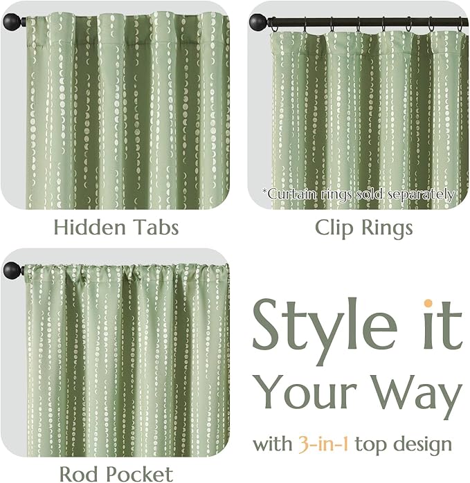 jinchan Boho Blackout Curtains 90 Inches Long Moon Phase Printed Drapes | Sage - Image 7