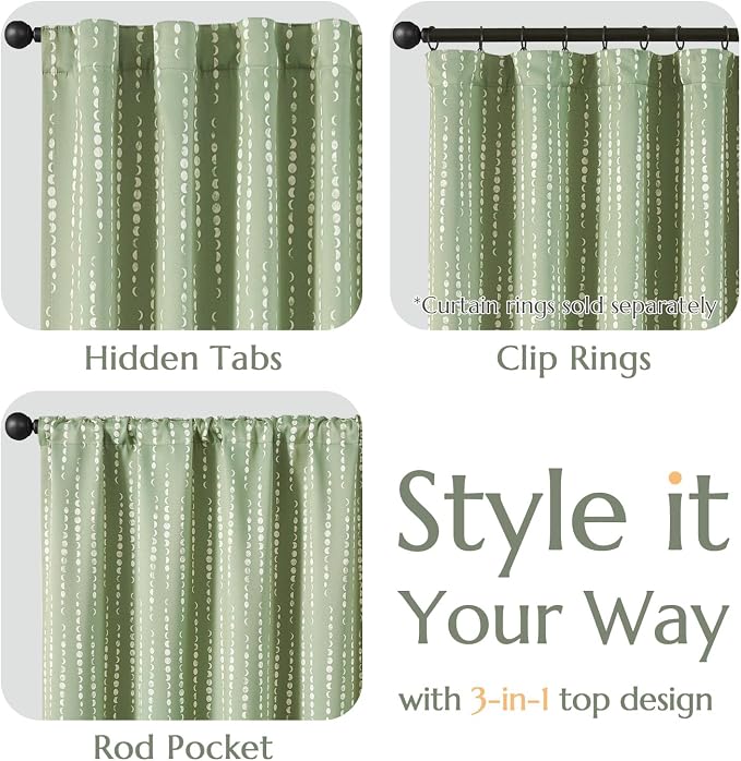 jinchan Boho Blackout Curtains 63 Inch Length Moon Phase Printed Drapes | Sage - Image 7