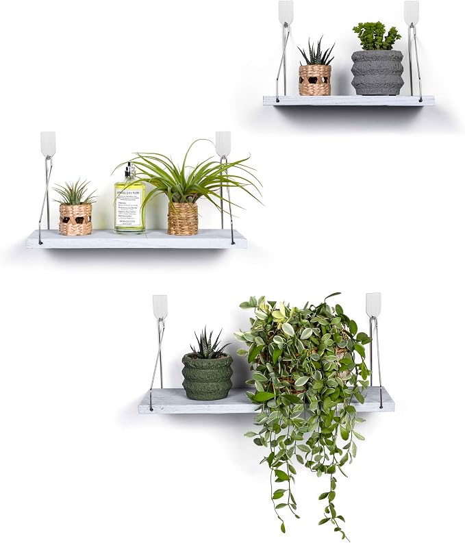 Floating Wall Shelves, Rustic Wood Wall Mounted Shelf Set of 3 | No Drill - Image 9