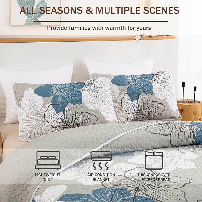 DJY 3 Pieces Quilt Set Full Size Blue Floral Pattern Quilt Coverlet Set Elegant - Image 3