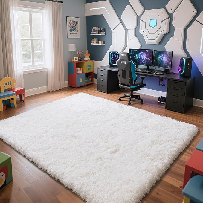 White 9x12 Area Rugs for Living Room, Fluffy Shag Rug Large Bedroom Carpet | - Image 2