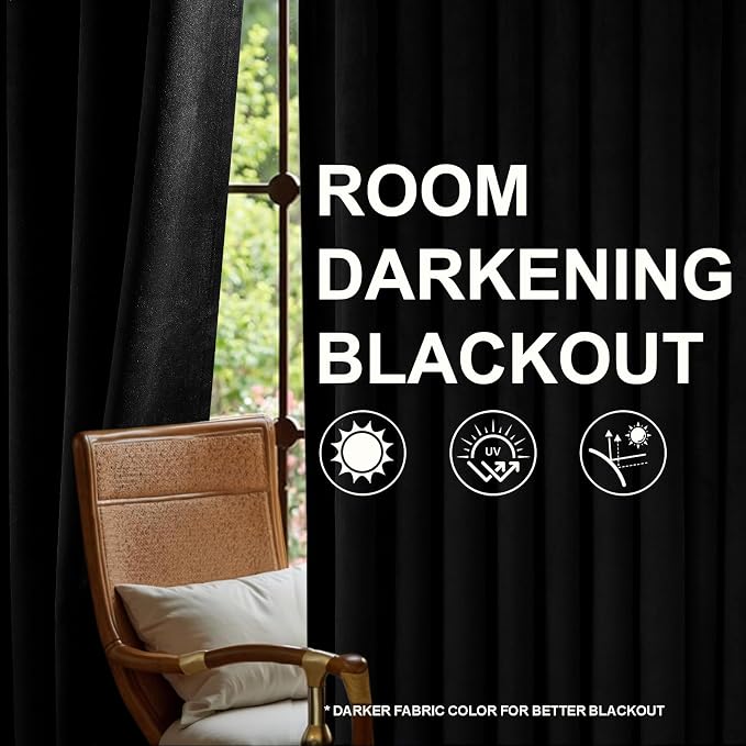 102 Inch Long Black Custom Velvet Blackout Curtains 2 Panels - Image 6