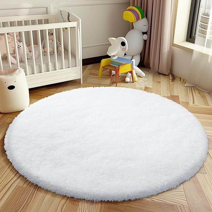 White Round Shag Area Rug for Bedroom, Washable Fuzzy Carpet for Room Boys - Image 2