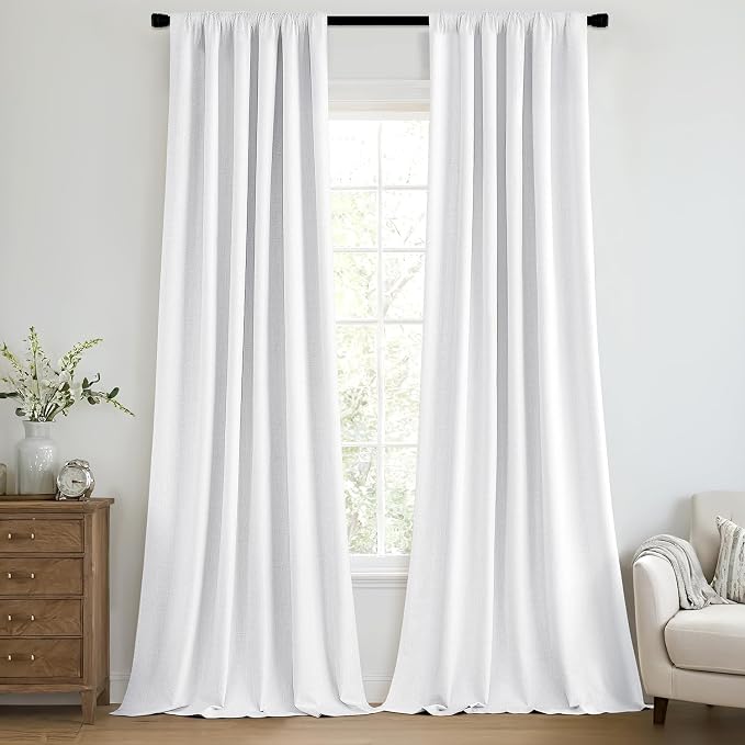 MIULEE 100% Blackout Back Tab Pleat Linen Curtains 50" Wx120 L, Bright White | by MIULEE
