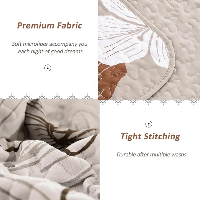 DJY Fall Quilt King Size, Taupe Floral Bedspread Coverlet Bedding Set 3 Pcs | - Image 4
