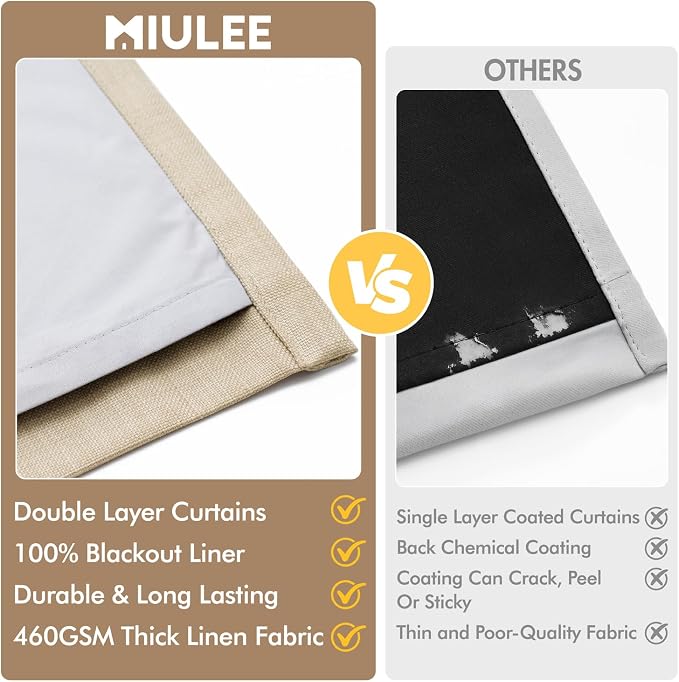 MIULEE Pinch Pleated 100% Blackout Curtains 40"x90" Long Sand 4 Panels Set | - Image 8