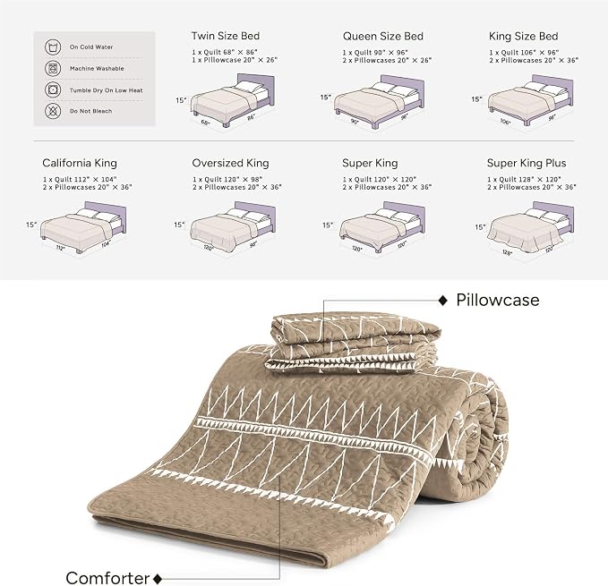 Taupe California King Quilt Set, 3 Pieces Boho Striped Bedspread | Soft - Image 6