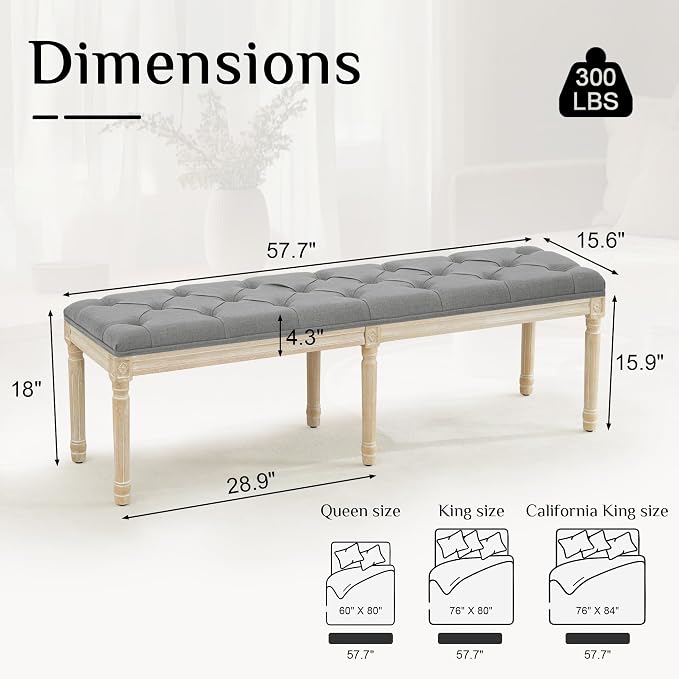 LOULENS 57.7" Linen End of Bed Bench King Size, Light Grey | French, Upholstered - Image 2