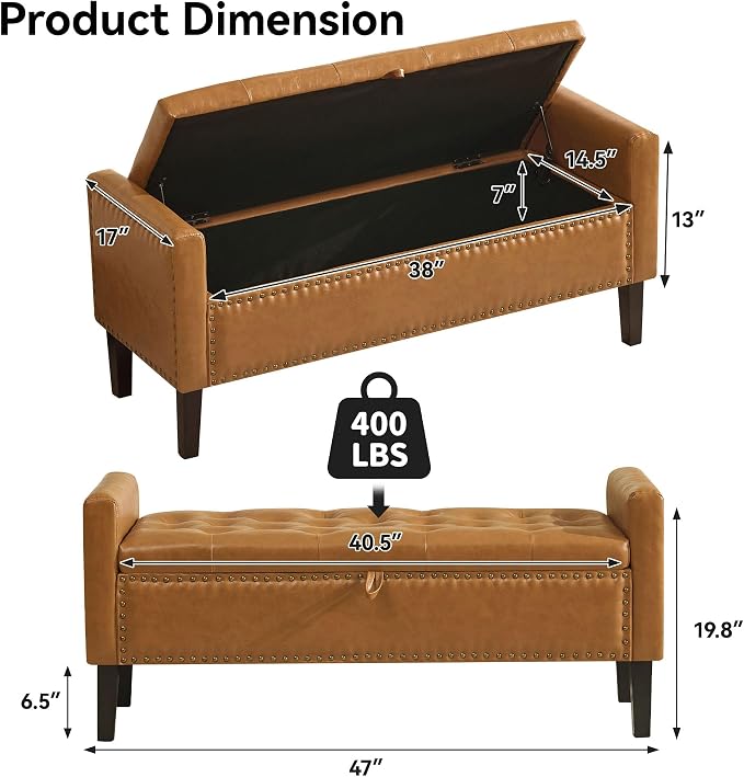 WUTUTUEE 47" Modern Water-Resistant Faux Leather Storage Ottoman Bench - Image 2