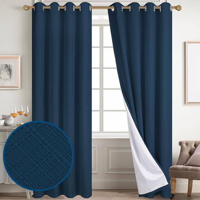 Diraysid 100% Blackout Curtains Navy Blue Linen Curtains - Image 2