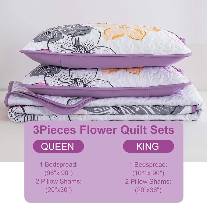 DJY 3 Pieces Quilt Set Queen Size Purple Floral Pattern, Colourful Floral - Image 8