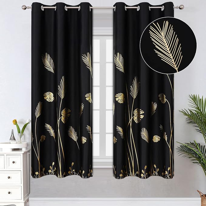 Gold and Black Blackout Curtains 2 Panels Set Thermal Insulated Window Curtains by ESTELARTEXTILER
