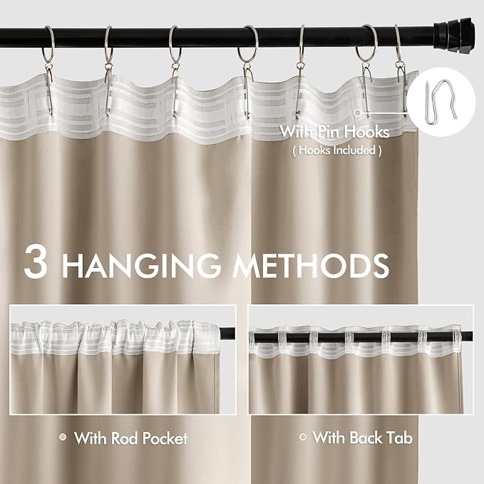 MIULEE Taupe Back Tab Blackout Curtains 52x120 Inch Long 2 Panels Set | Rod - Image 3