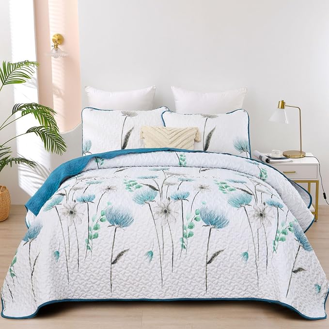 Dinjoy Teal Quilt Set California King Size, Cute Flower Bedspread Bedding | 3 by DINJOY