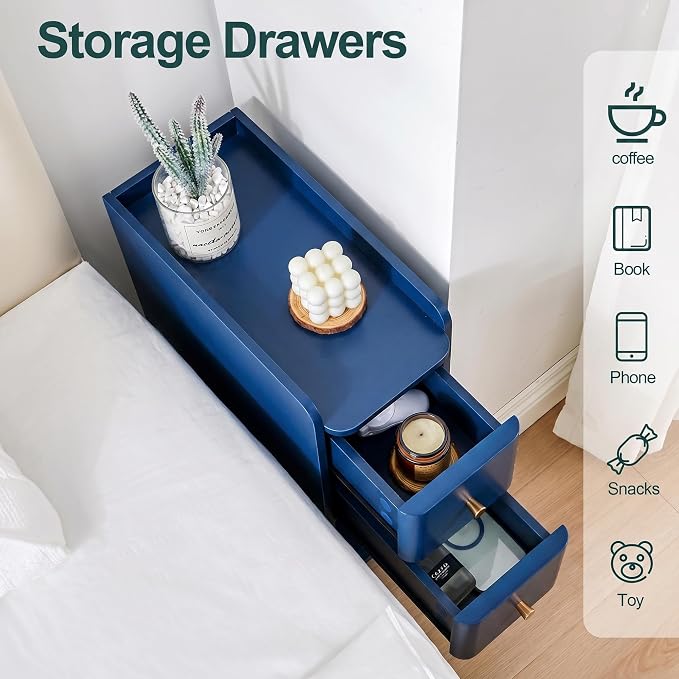 Narrow Nightstand Set of 2, Wooden Small 2 Drawer Nightstand, Slim Side End - Image 6