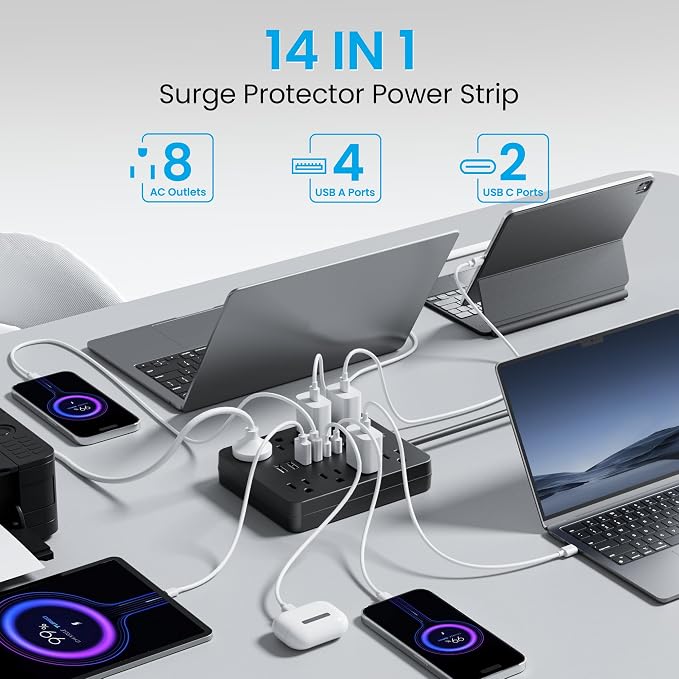 2 Pack Surge Protector Power Strip, 8 Outlets, 6 USB Charging Ports, 6FT Flat - Image 2