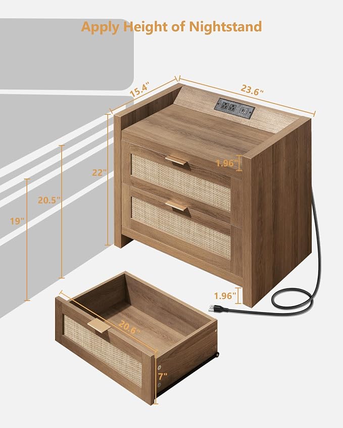 SICOTAS Night Stand with 2 Large Drawers : Rattan Bedside Table | Farmhouse - Image 2