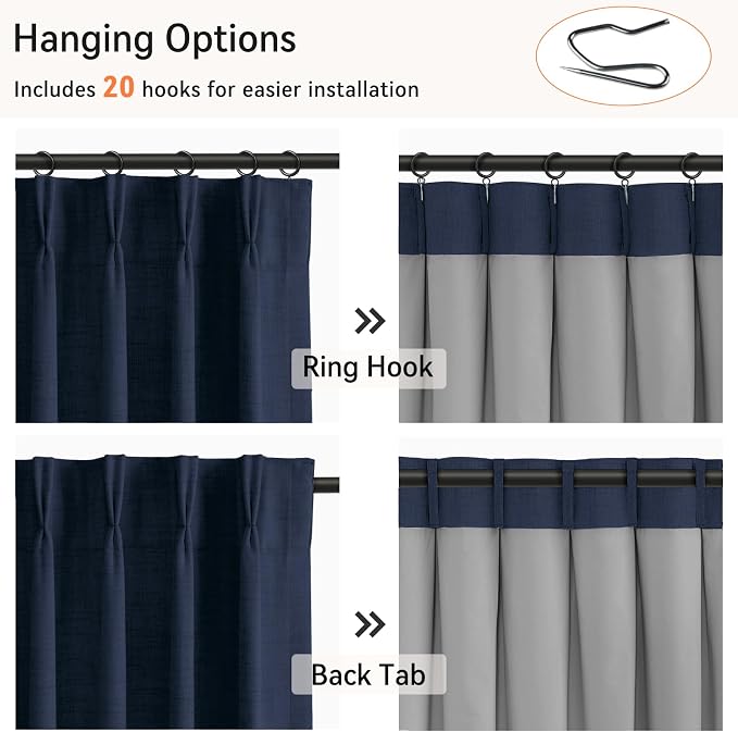 Pinch Pleated Full Blackout Faux Linen Curtains 102 Inches Long | Midnight Blue - Image 3