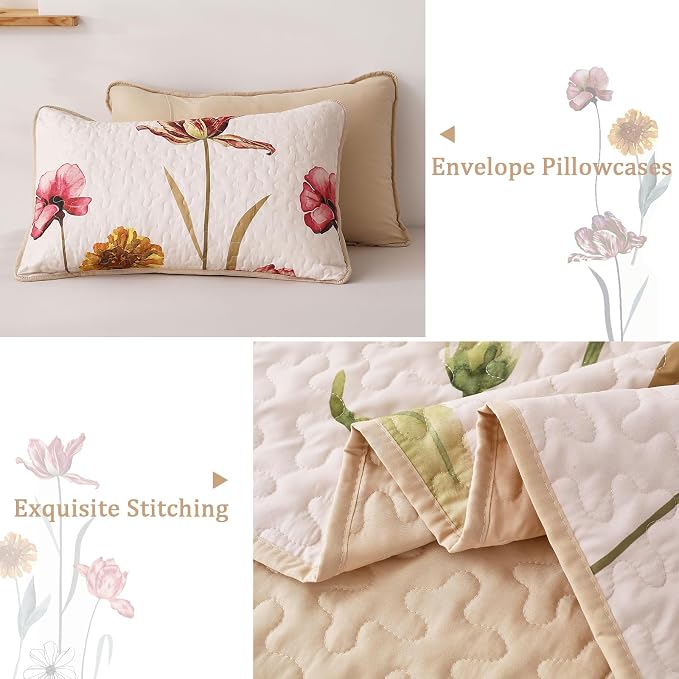 WONGS BEDDING Floral Quilt Set Queen Size, 3 Pieces Beige Bedspread | Chic - Image 5