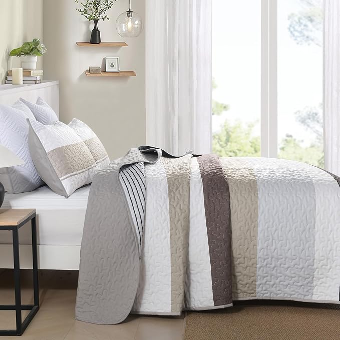 Dinjoy King Size Boho Stripe Quilt Set, Breathable All-Season, 3-Piece Set Fits - Image 4