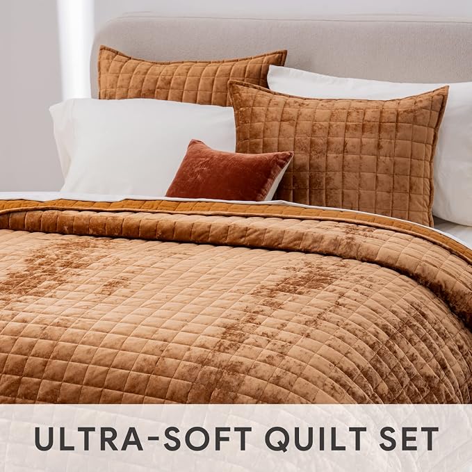 RECYCO Channel Box Stitch Velvet Quilt Set, King Size, Rusty Burnt Orange | - Image 5