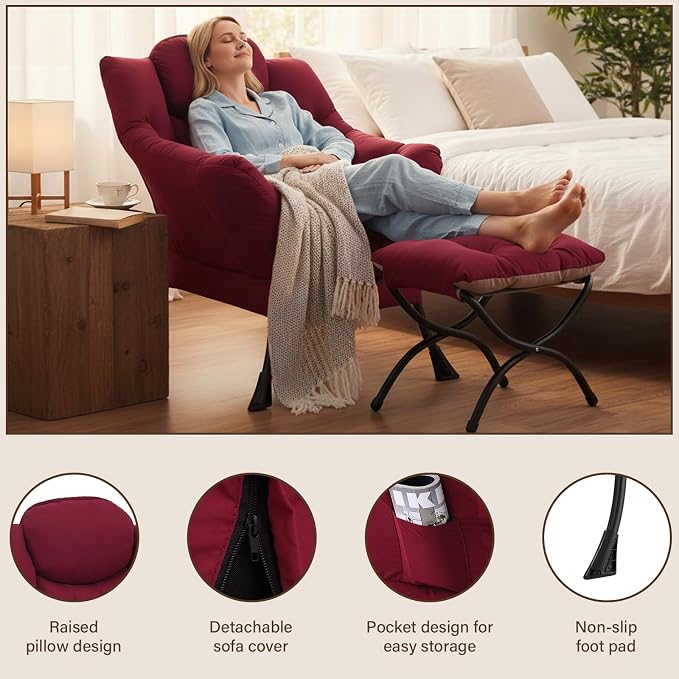 Welnow Lazy Chair with Ottoman, Reading Chair with Footrest, Burgundy | A Side - Image 4
