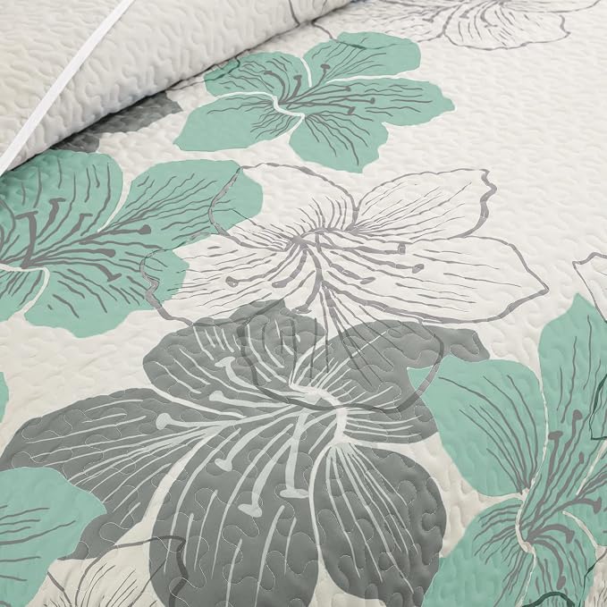 DJY 3 Pieces Quilt Set King Green Floral Pattern Quilt Coverlet Elegant Boho - Image 4