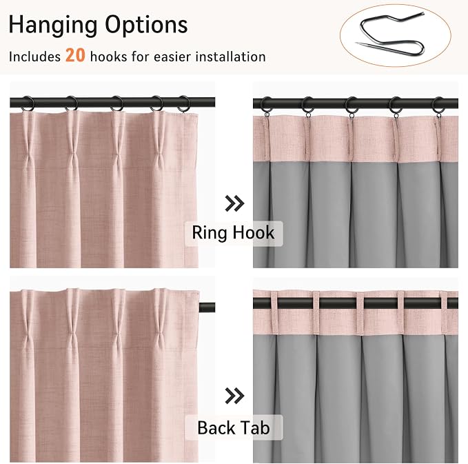 Pinch Pleated Full Blackout Faux Linen Curtains 96 Inches Long | Blush Pink - Image 3