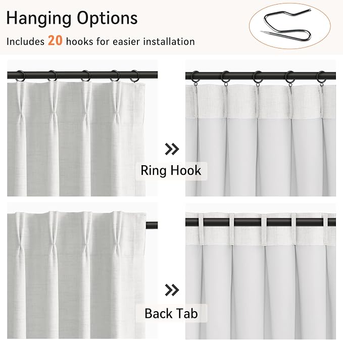 Pinch Pleated Full Blackout Faux Linen Curtains 96 Inches Long | Bright White - Image 3