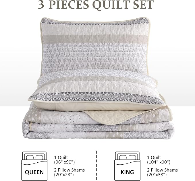 WONGS BEDDING Beige Quilt Queen Size, 3 Pieces Boho Stripe Bedspread | - Image 8