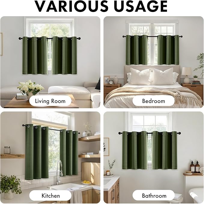 Short Olive Green Half Blackout Curtains W40 x L36 Inch 2 Panels | Thermal - Image 5