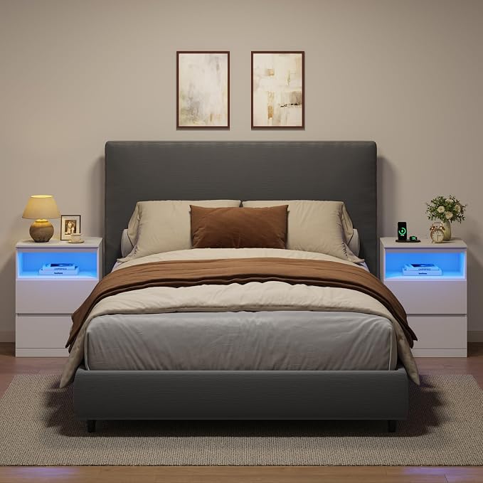 Nightstands Set of 2 with Charging Station, LED Lights, Hidden Drawer, Modern - Image 2