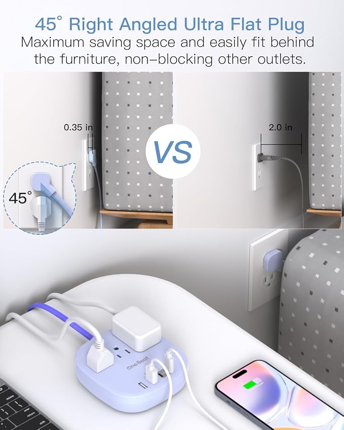 Cruise Ship Travel Essentials, 22.5W/4.5A Flat Plug Power Strip, 3 Outlets 4 - Image 3