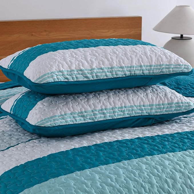 Dinjoy Queen Boho Striped Quilt Set, Teal Lightweight Bedspread Bedding | Soft - Image 8