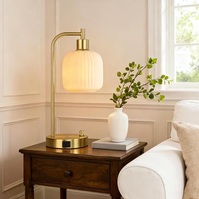 Cream Glass Table Lamps Set of 2, Dimmable Bedside Lamps - Image 6