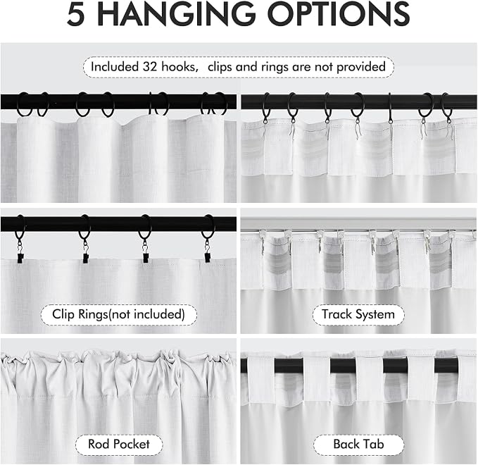 MIULEE 100% Blackout Back Tab Pleat Linen Curtains 50" Wx90 L, Bright White | 2 - Image 7