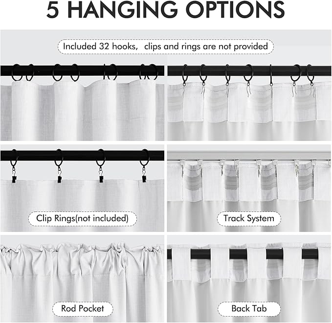 MIULEE 100% Blackout Back Tab Pleat Linen Curtains 50" Wx96 L, Bright White | 2 - Image 7