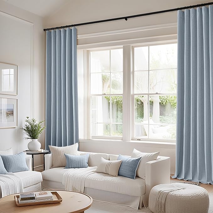 MIULEE 100% Blackout Back Tab Pleat Linen Curtains 50" Wx63 L, Chambray Blue | - Image 2