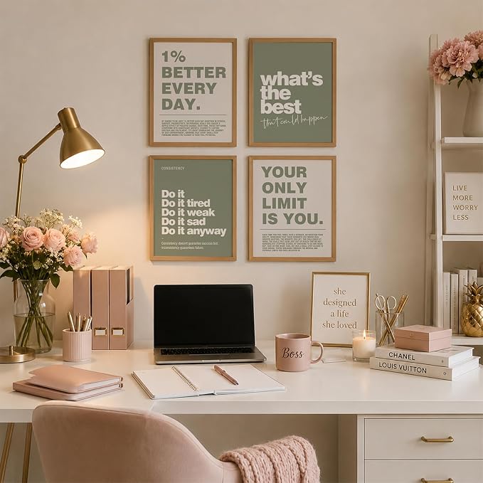 DSHFG Motivational Inspirational Office Wall Art Decor Prints Olive Green | - Image 3