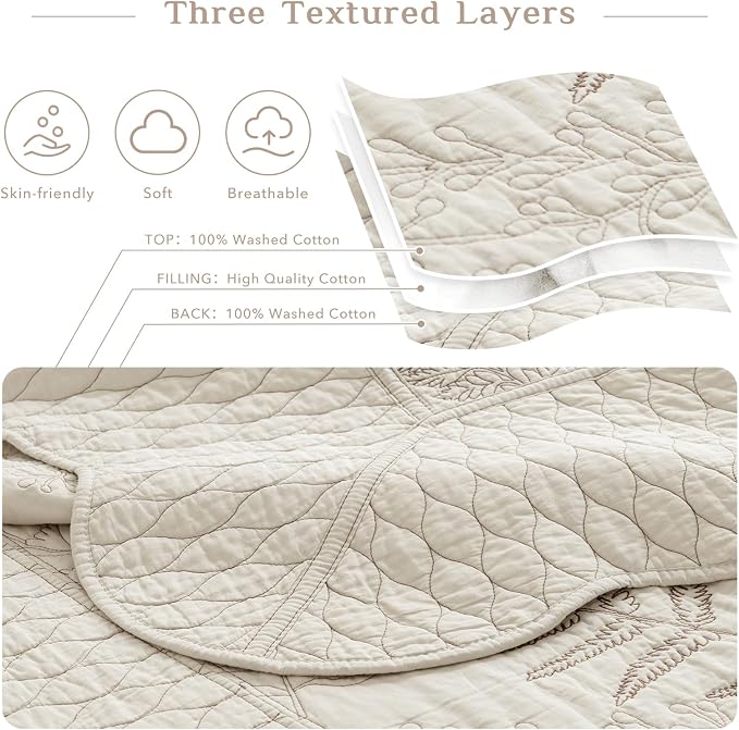 CozyTide Oversized King Quilt 128"x120", Wheat Leaves Pattern Pre-Washed Cotton - Image 4