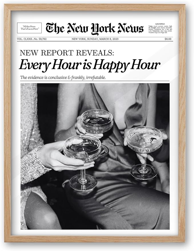 iHery 16x20in Every Hour Is Happy Hour Framed Newspaper Wall Art | Natural OAK by iHery