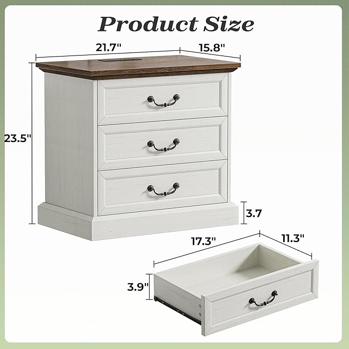 Huuger Nightstand with Charging Station, 3 Drawer Night Stand Set of 2 | 22 - Image 2