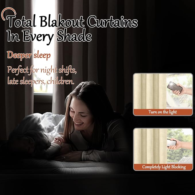 Cream Linen Blackout Curtains 80 Inch Long Each 38 Wide 2 Panels | Thermal - Image 3
