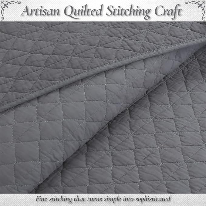 Cozy Line Home Fashions 100% Cotton Quilt Set – 3-Piece Charcoal Gray Solid - Image 5