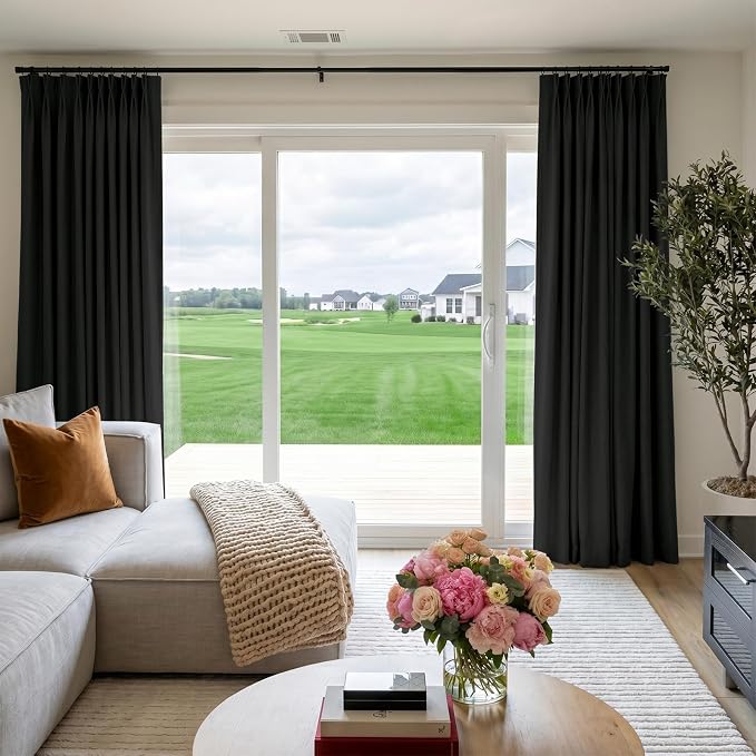 Pinch Pleated Full Blackout Faux Linen Curtains 80 Inches Long | Black - Image 4