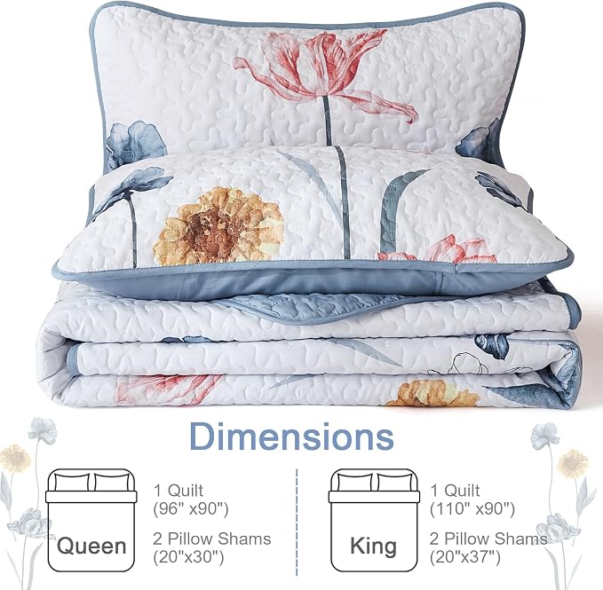 WONGS BEDDING King Size Quilt Set, 3-Piece Lightweight Botanical Bedspread | - Image 8